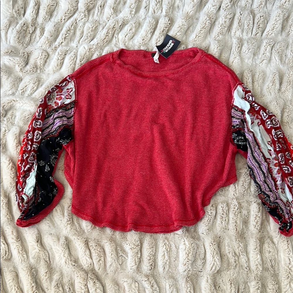 Free People Red Knit Top with Patterned Sleeves